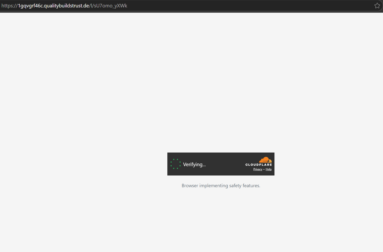 Screenshot one: the Cloudflare challenge that sits in front of the Kali365 phishing page, served from a throwaway subdomain on qualitybuildstrust.de with the reassuring line "Browser implementing safety features." The gate filters out sandboxes, crawlers, and security scanners, redirecting anything that looks automated to a benign decoy page. Only a real browser is allowed through to the next step.