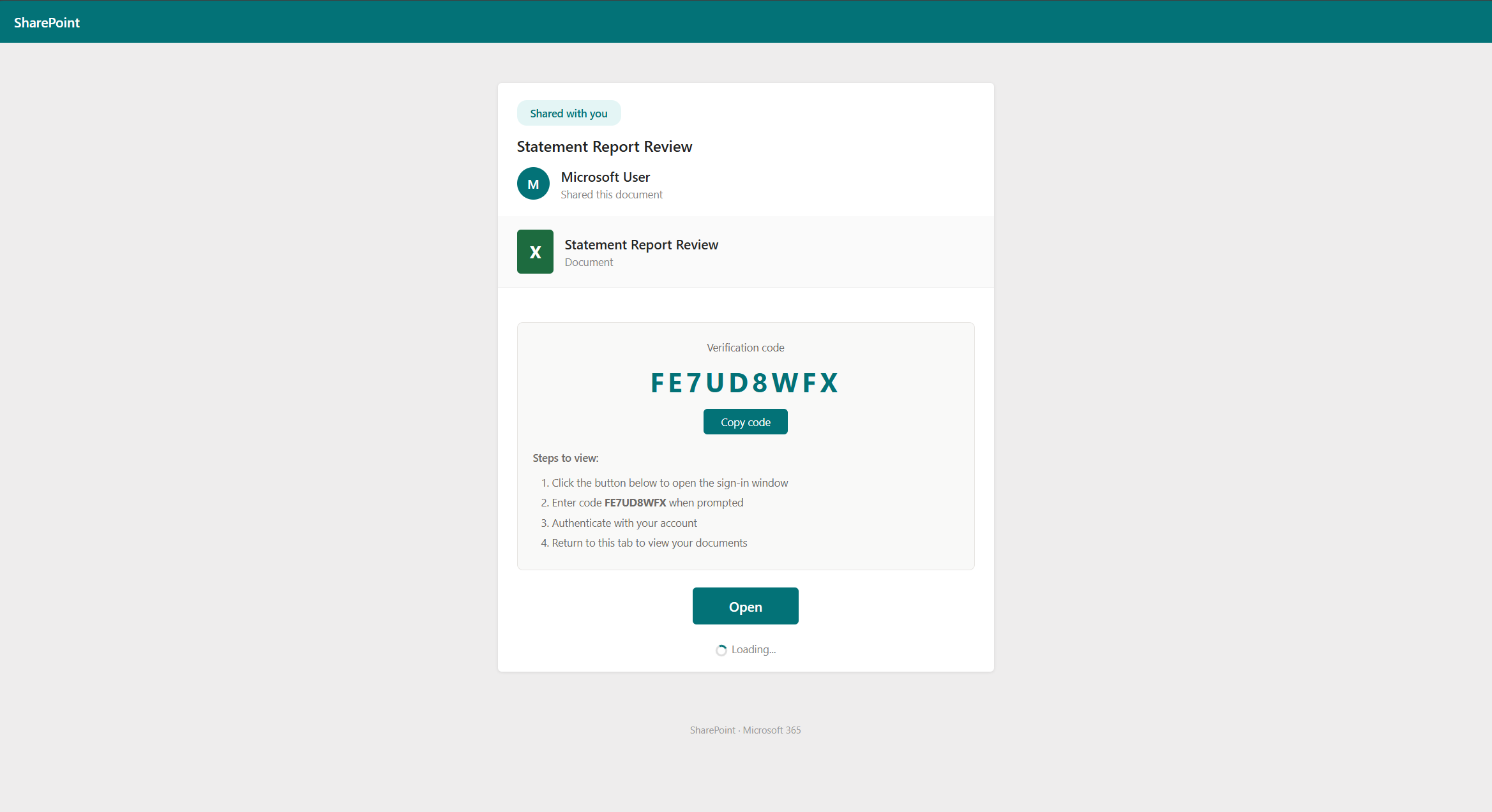 Screenshot two: the Kali365 device-code phishing page, dressed up as a SharePoint "Statement Report Review" shared document. It presents a pre-filled verification code (FE7UD8WFX) with a "Copy code" button and numbered steps that tell the victim to open the sign-in window, enter the code, and authenticate. The page itself harvests nothing; its only job is to get the victim to authorize the attacker's device on Microsoft's real sign-in flow.