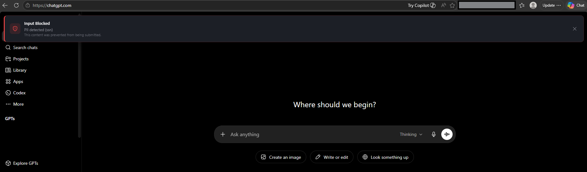 Inline DLP in action on chatgpt.com: a red Input Blocked banner appears the moment an employee tries to submit text containing a Social Security number, reading PII detected (ssn) and noting the content was prevented from being submitted. The tool stays usable; the regulated data is stopped at the point of interaction rather than discovered in a log afterward.