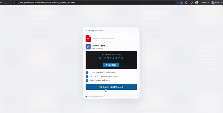 Looping capture of the flow with no browser protection in place. The local phishing document is open behind a popup window titled "Sign in to your account," pointed at the genuine login.microsoftonline.com/common/oauth2/deviceauth page. Microsoft's real "Enter code to allow access" screen appears, warning "Do not enter codes from sources you don't trust" (the browser's saved-account autofill is blacked out in this capture). Every credential step happens on Microsoft's own domain, so the attacker's backend never sees the password or MFA and still receives the resulting tokens.