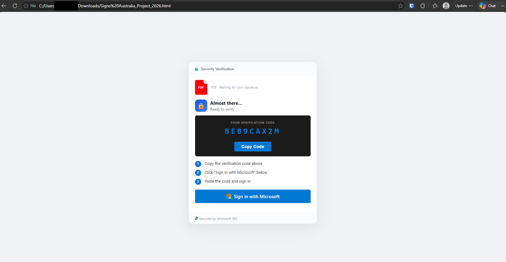 The decrypted phishing page, opened as a local file (the address bar reads File C:/Users/.../Downloads/Signs Australia_Project_2026.html). A white "Security Verification" card shows a red PDF icon with "PDF, Waiting for your signature," an "Almost there... Ready to verify" line, and a dark panel headed "YOUR VERIFICATION CODE" displaying a live Microsoft device code (BEB9CAX2M) above a blue "Copy Code" button. Three numbered steps tell the victim to copy the code, click "Sign in with Microsoft," and paste it to sign in. A blue "Sign in with Microsoft" button sits below a "Secured by Microsoft 365" footer. Every element is fake except the device code, which is genuine and issued by Microsoft.