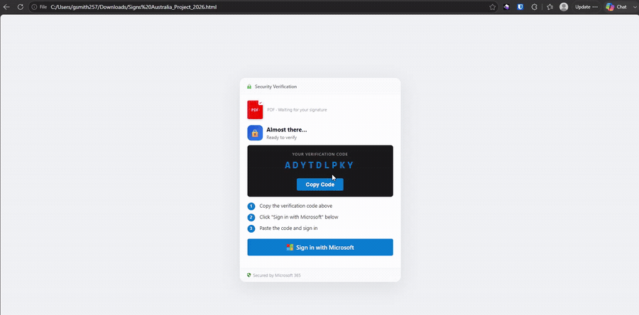 The same local phishing document with Surface protecting the browser. A dark "Page Blocked" interstitial replaces the phishing content, with a red shield icon and the message "This page opened a device sign-in window to steal your account access. Do not return to it." The stated reason reads "Device code page opened from another tab/window (opener origin unreadable, cross-origin)," followed by "Redirecting to security page..." and a "Protected by Surface Security" footer. Surface catches the causal link between the local document and the device-login popup, on the page itself, before the victim can authorize the attacker's session.